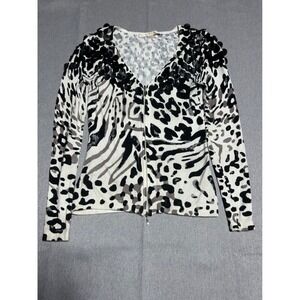 Boston Proper Cardigan Womens XS White Black Animal Print Zip Up Sweater